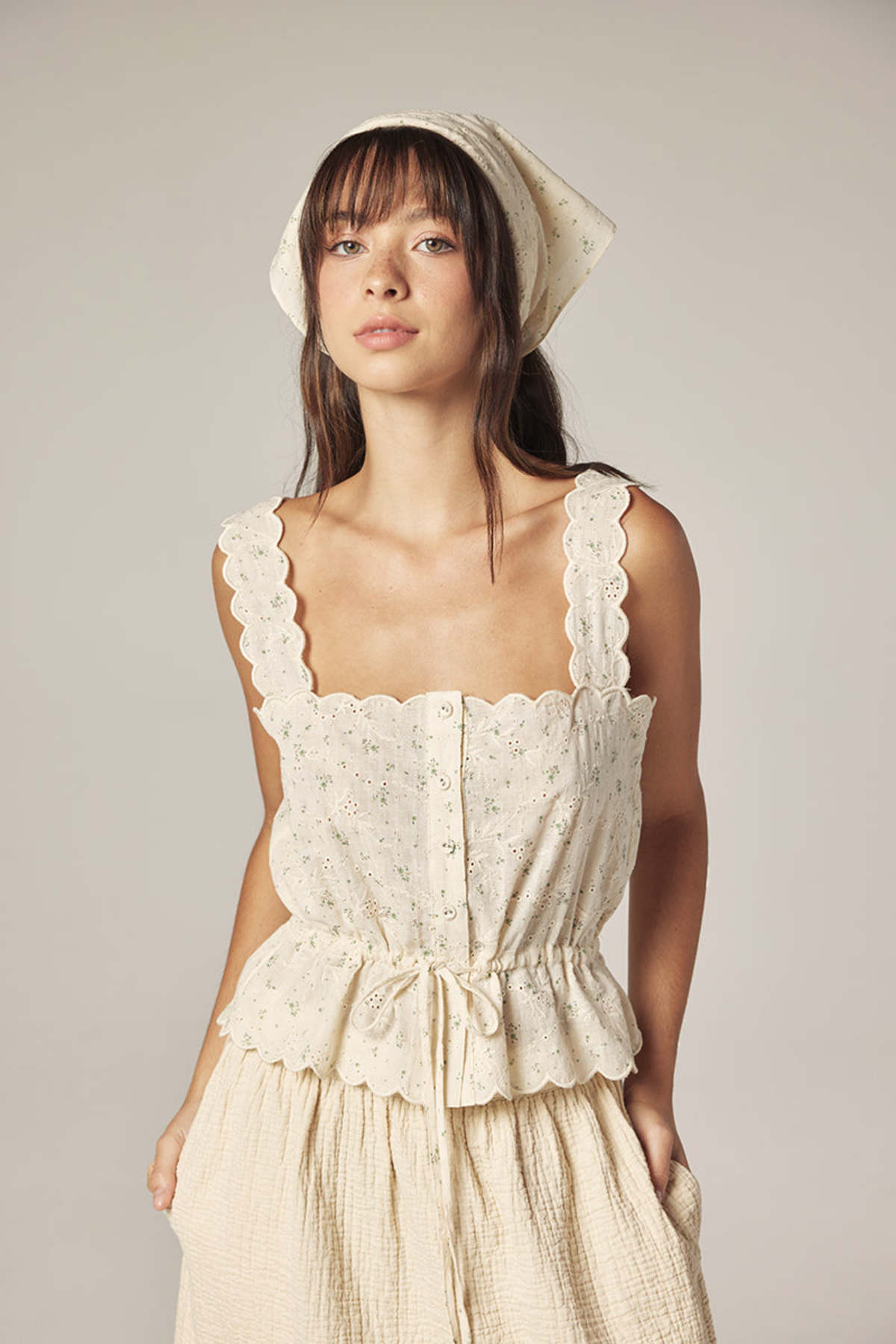 amente Scallop Lace Tie Top With Bandana - Cream/Sage - Image 1 of 8