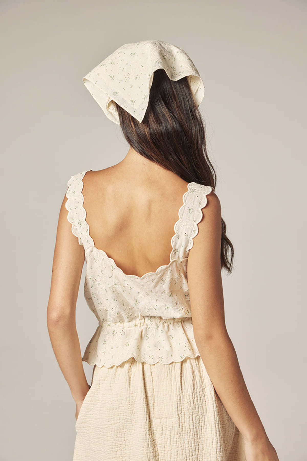 amente Scallop Lace Tie Top With Bandana - Cream/Sage - Image 2 of 8