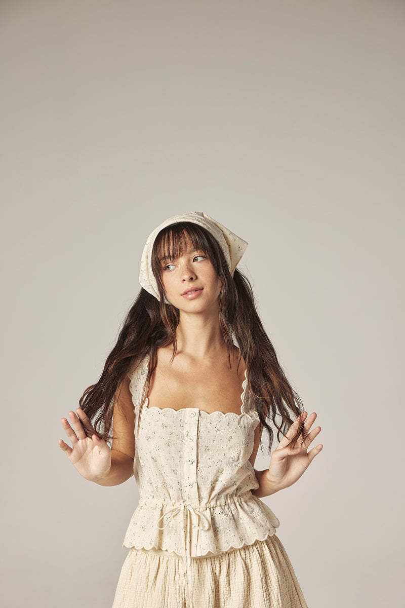 amente Scallop Lace Tie Top With Bandana - Cream/Sage