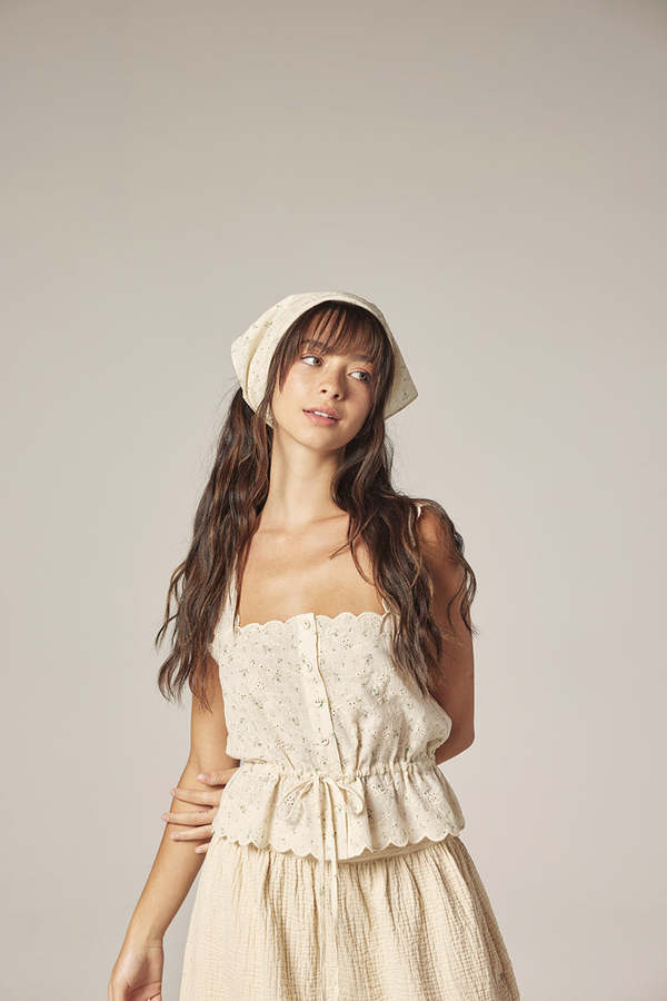 amente Scallop Lace Tie Top With Bandana - Cream/Sage