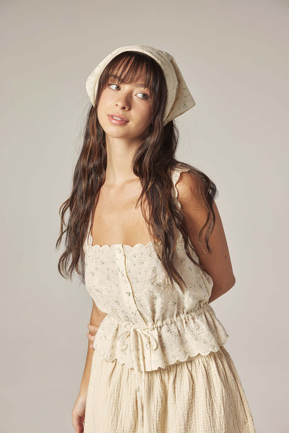 amente Scallop Lace Tie Top With Bandana - Cream/Sage - Image 6 of 8