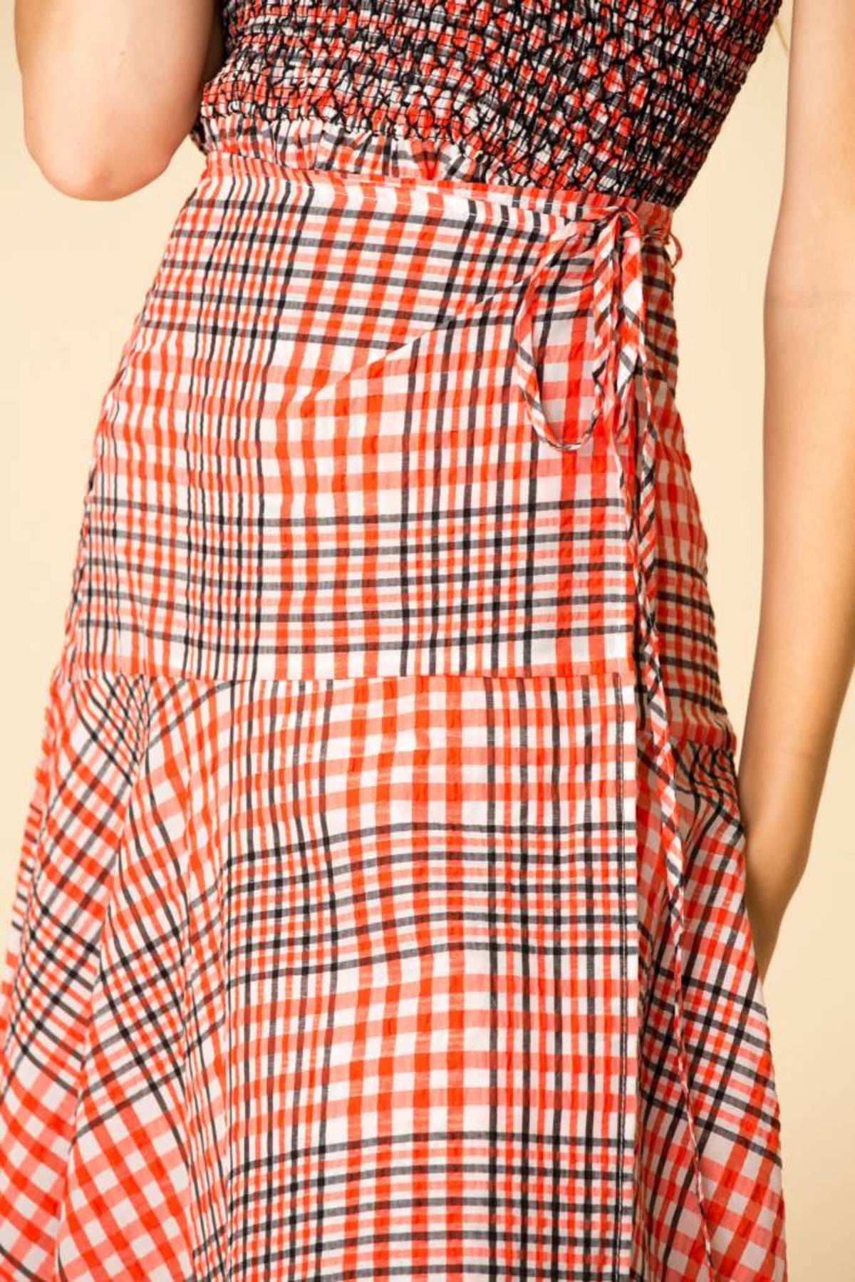 strapless open back dress 1970s Red Geometric Print Maxi Dress with Flamenco Ruffle Sleeves