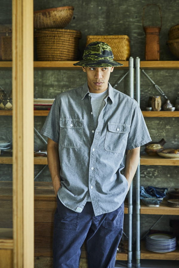 Orslow Short Sleeve Gray Chambray Work Shirt with Flap Pocket