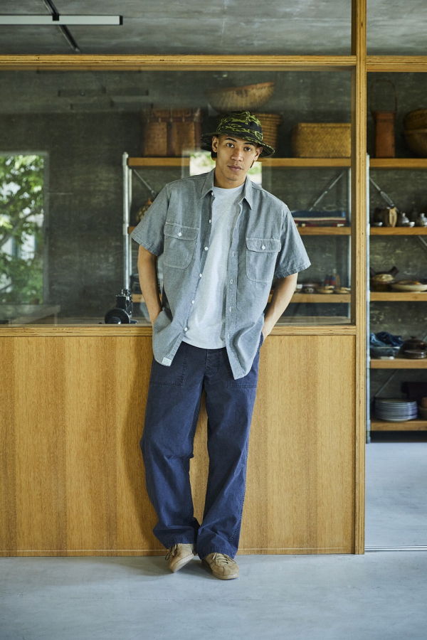 Orslow Short Sleeve Gray Chambray Work Shirt with Flap Pocket