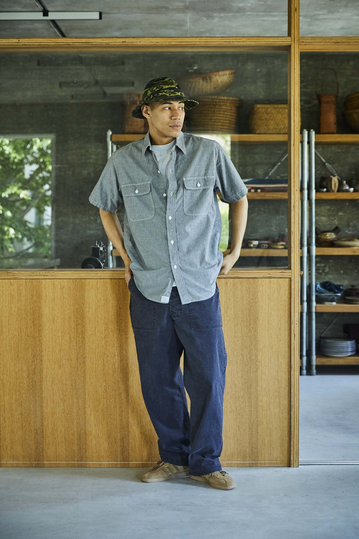 Orslow Short Sleeve Gray Chambray Work Shirt with Flap Pocket - Image 3 of 8