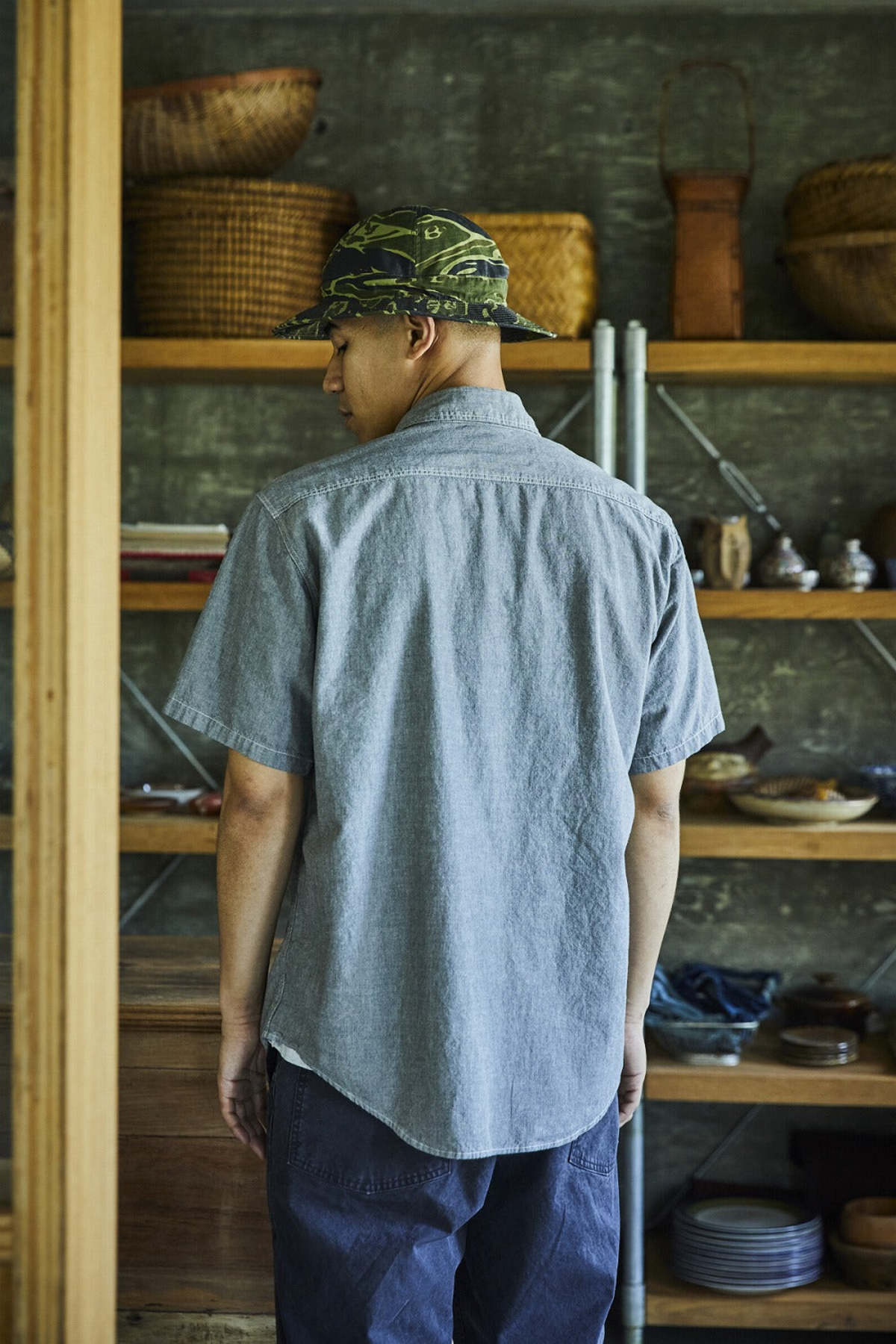 Orslow Short Sleeve Gray Chambray Work Shirt with Flap Pocket - Image 6 of 8