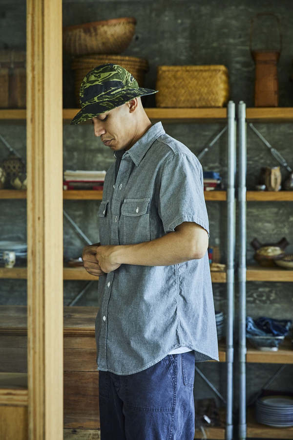 Orslow Short Sleeve Gray Chambray Work Shirt with Flap Pocket