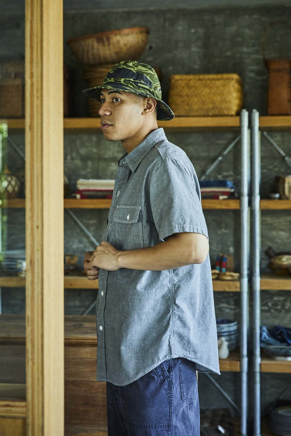Orslow Short Sleeve Gray Chambray Work Shirt with Flap Pocket