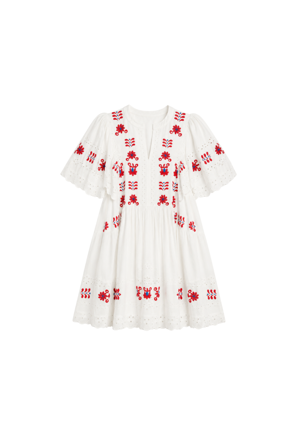 Sea NY Catharina Embroidered 3/4 Sleeve Mini Dress - Cream