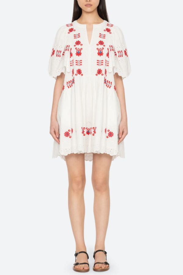 Sea NY Catharina Embroidered 3/4 Sleeve Mini Dress - Cream