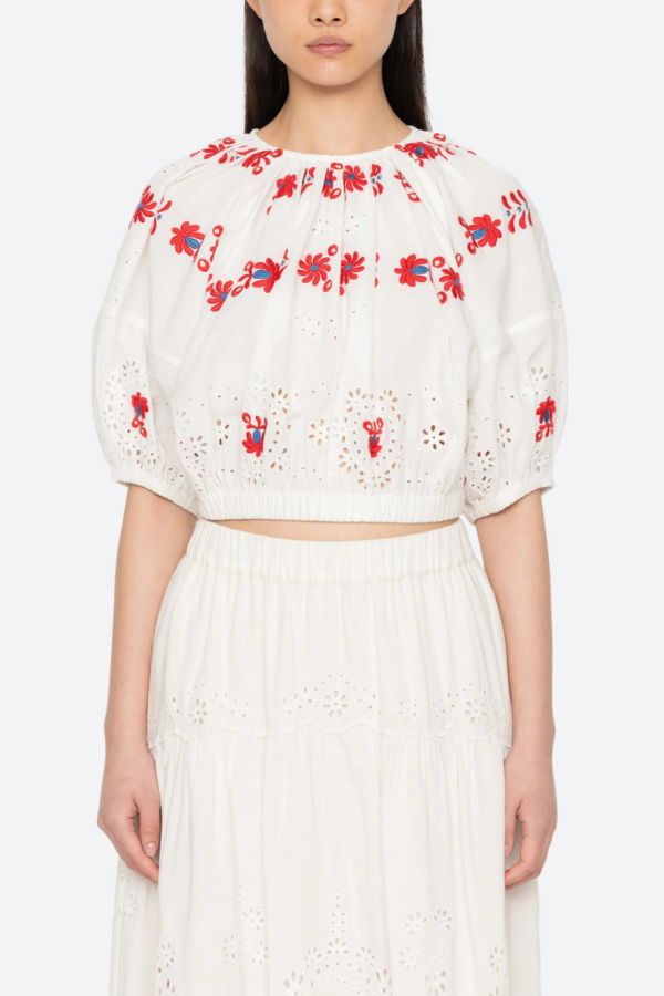 Sea NY Catharina Embroidered Bubble Top - Cream