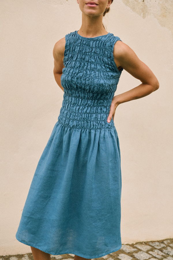 Linenfox Emilija Smocked Linen Dress - Stellar Blue