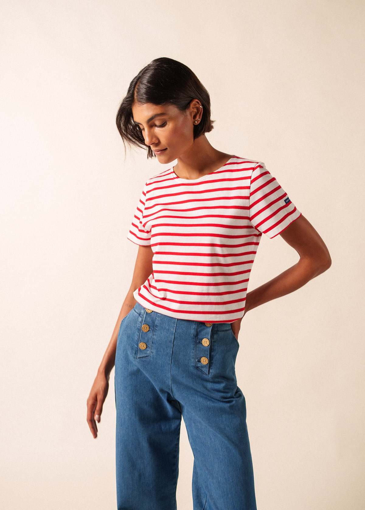 Saint James Etrille II Nautical Striped Tee - White/Red - Image 1 of 5