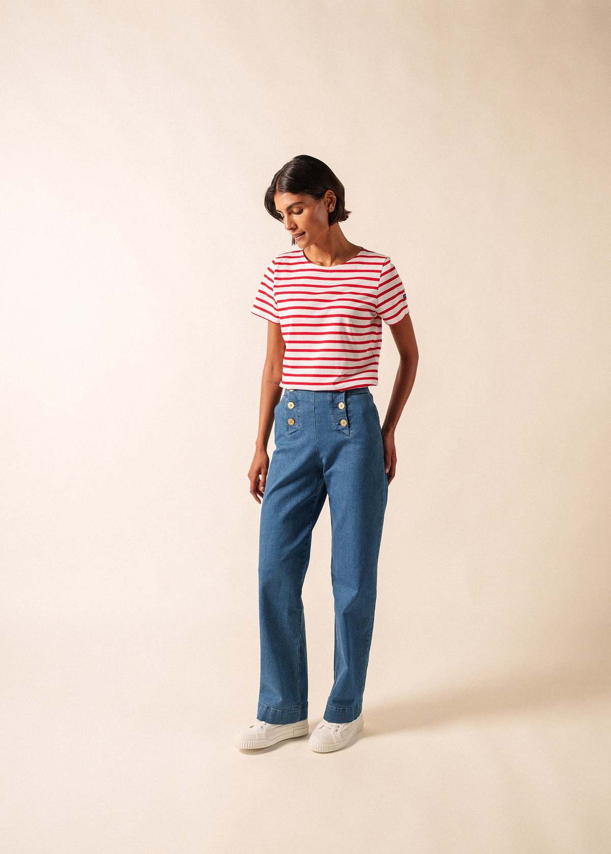 Saint James Etrille II Nautical Striped Tee - White/Red - Image 3 of 5