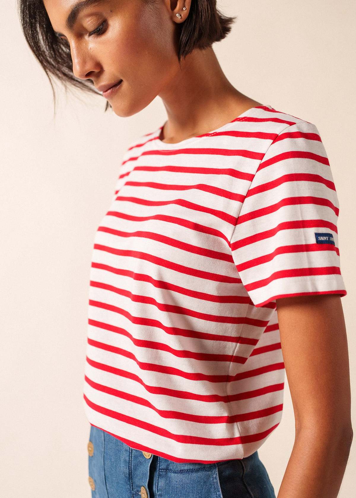 Saint James Etrille II Nautical Striped Tee - White/Red - Image 4 of 5