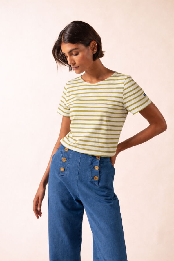 Saint James Etrille II Nautical Striped Tee - White/Sage Olive
