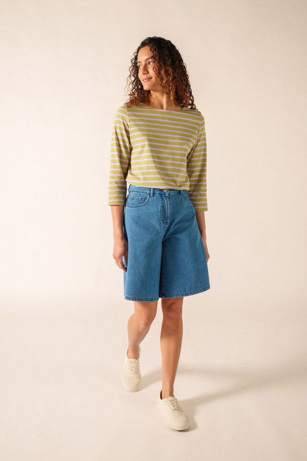 Saint James Galathee II Breton Striped Top - Sage Olive/Tea Rose Pink