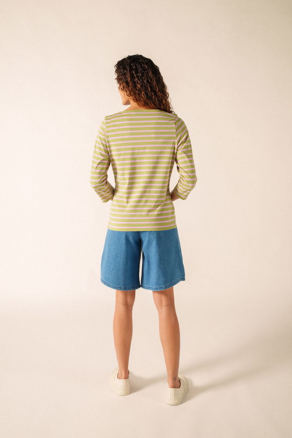 Saint James Galathee II Breton Striped Top - Sage Olive/Tea Rose Pink