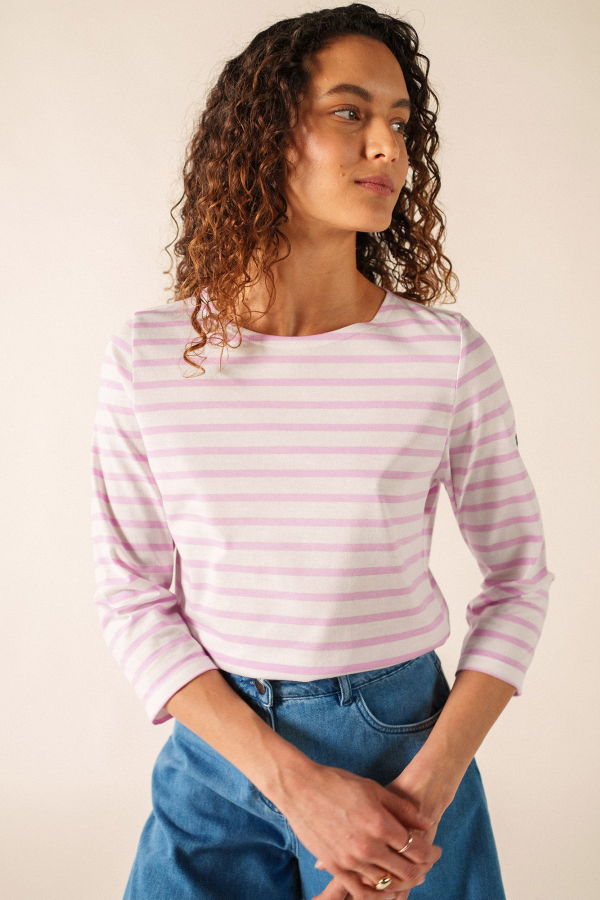 Saint James Galathee II Breton Striped Top - White/Tea Rose Pink