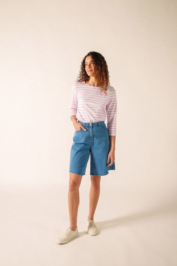 Saint James Galathee II Breton Striped Top - White/Tea Rose Pink