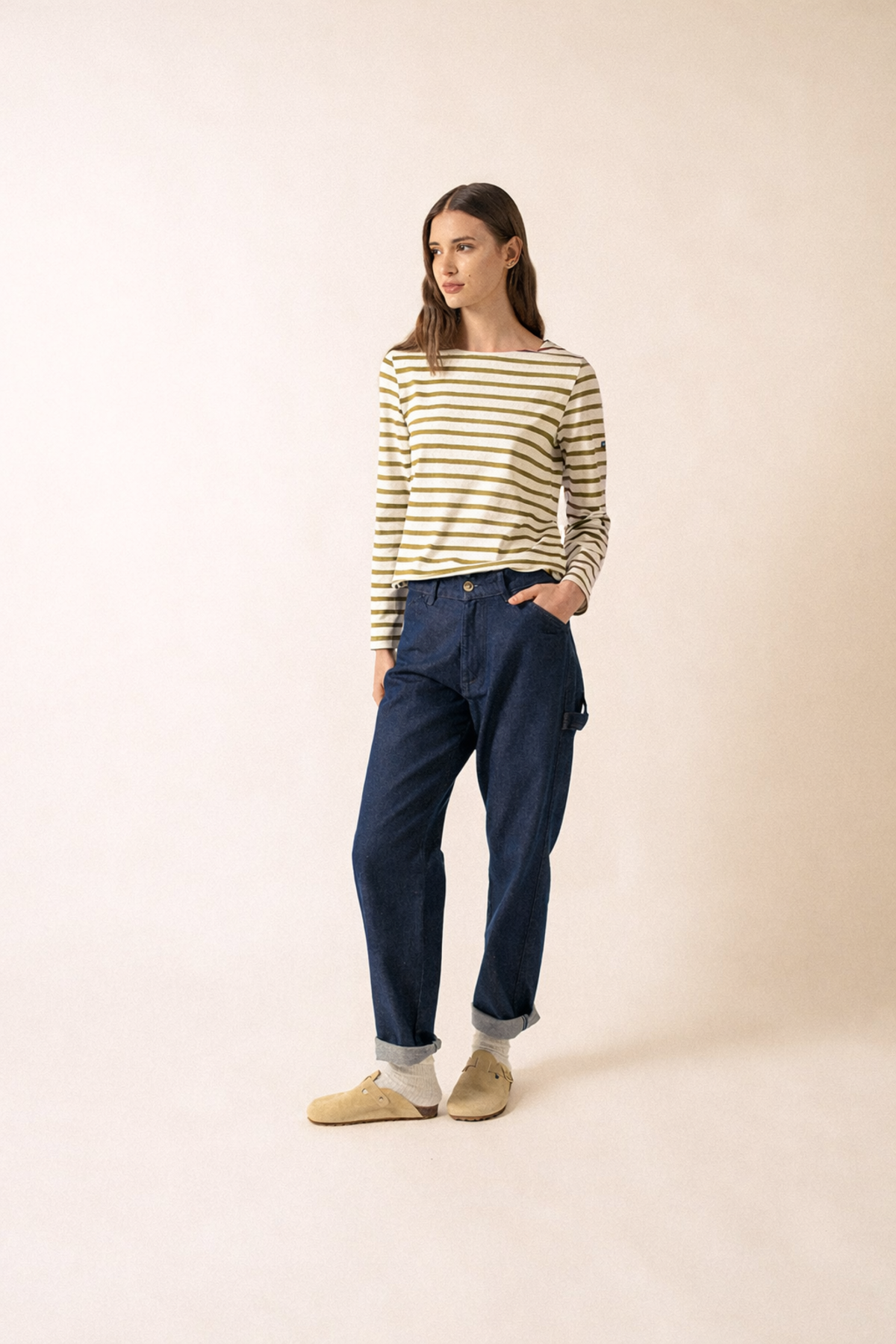 Saint James Meridame II Breton Shirt - White/Sage Olive - Image 1 of 3