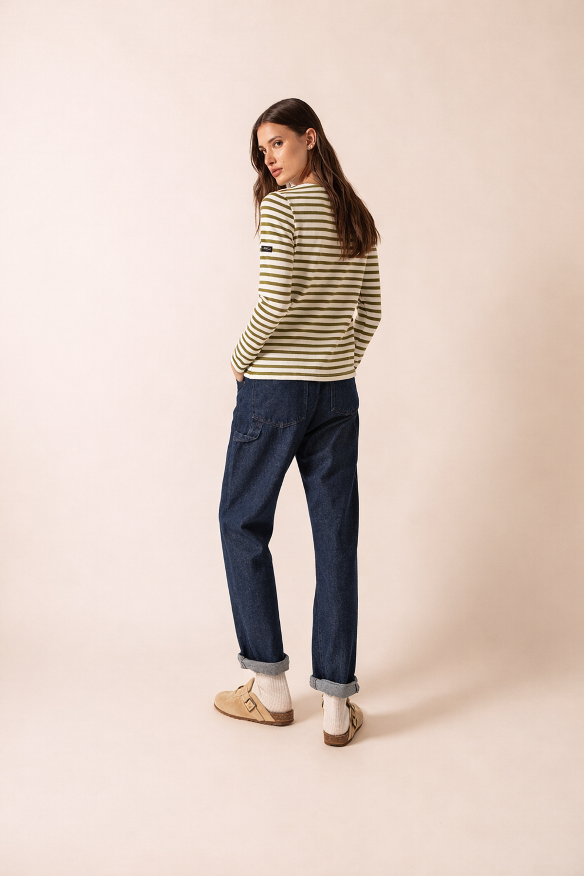 Saint James Meridame II Breton Shirt - White/Sage Olive - Image 3 of 3