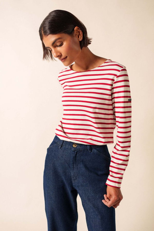 Saint James Minquidame Breton Shirt - Ecru/Maroon