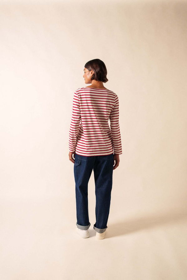 Saint James Minquidame Breton Shirt - Ecru/Maroon