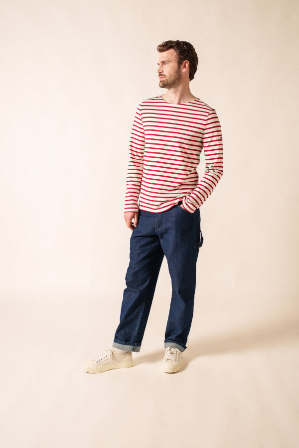 Saint James Minquiers Modern Breton Shirt - Ecru/Maroon