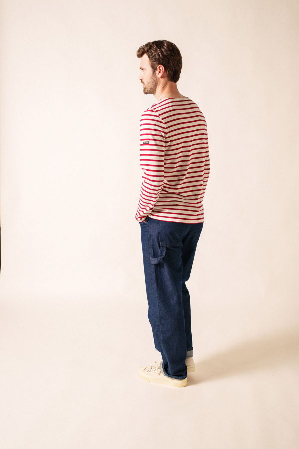 Saint James Minquiers Modern Breton Shirt - Ecru/Maroon