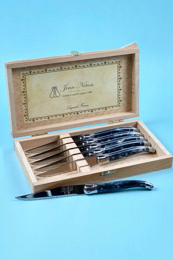 Be Home Laguiole 6 Piece Steak Knife Set, Platine Black Marble in Wood Presentation Box