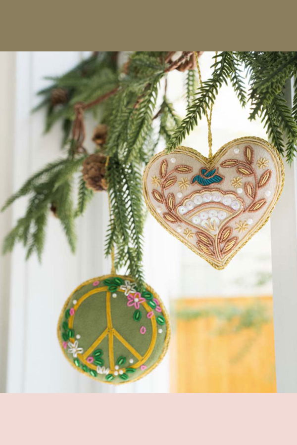Matr Boomie Larissa Plush Floral Peace Sign Beaded Fabric Ornament Embroidered