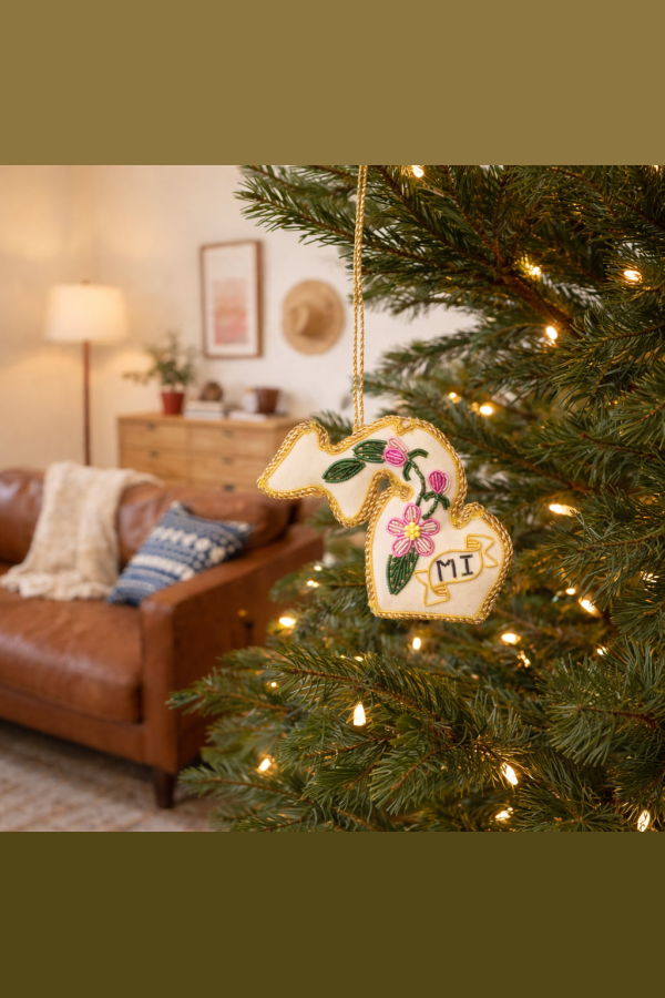 Matr Boomie Michigan State Apple Blossom Beaded Fabric Ornament - Embroidered