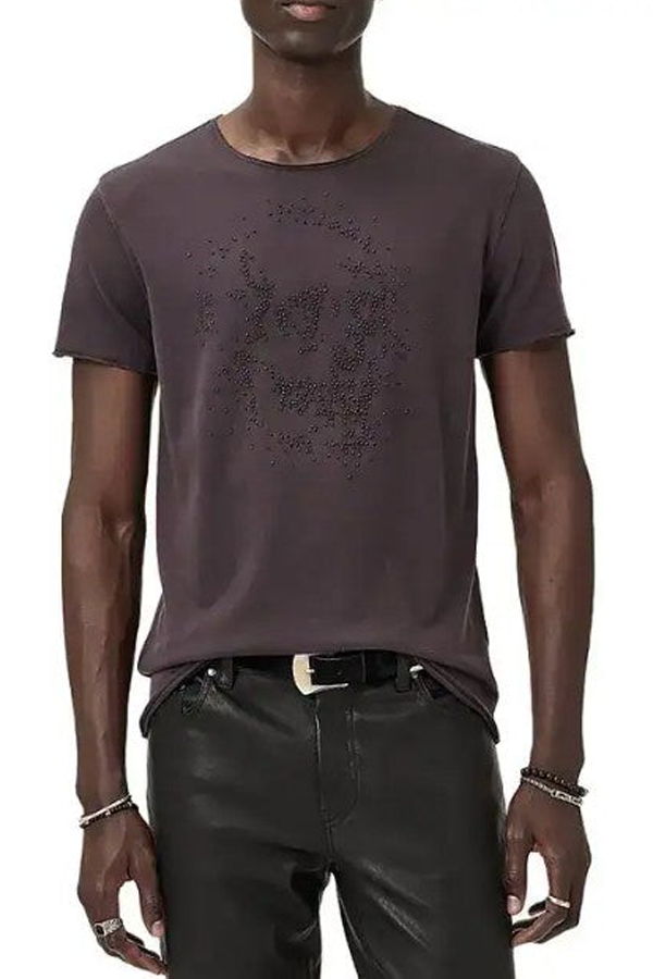 John Varvatos Short Sleeve Raw Edge Beaded Skull Tee