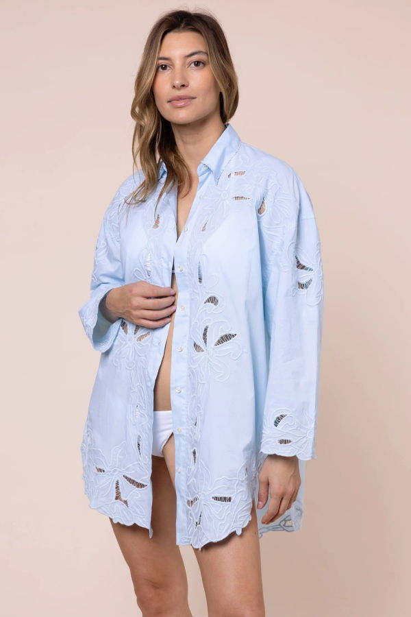 Juliet Dunn Poplin Cut-Out Embroidered Shirt