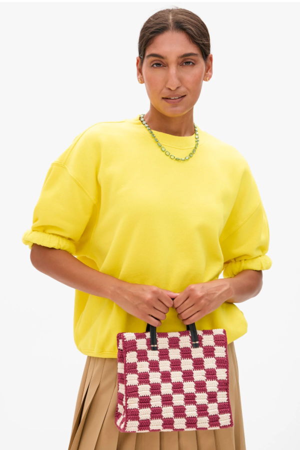 Clare V. Petit Summer Simple Tote - Mini Crochet Checker - Plummy/Cream