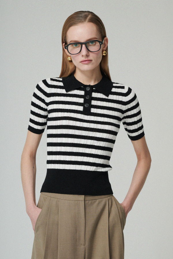 Maison De Ines Stripe Knit Polo Top