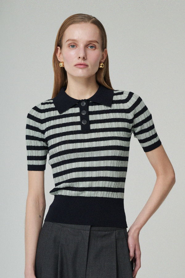 Maison De Ines Stripe Knit Polo Top