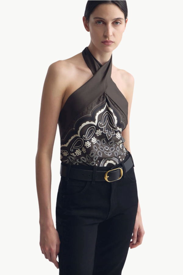 Nili Lotan Solal Silk Halter Top - Brown/Ivory Bandana Print