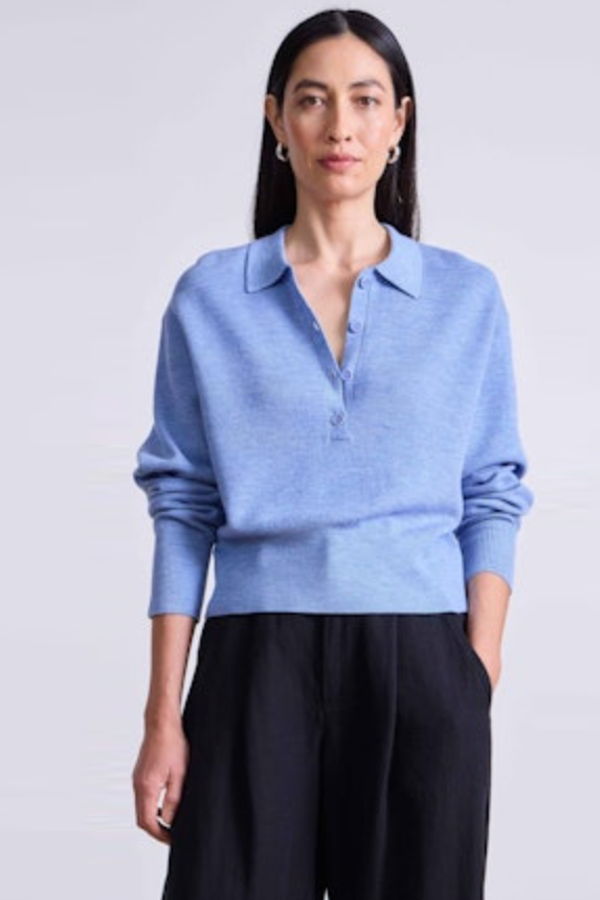 Apiece Apart Kari Polo Knit Top - Heathered Sky