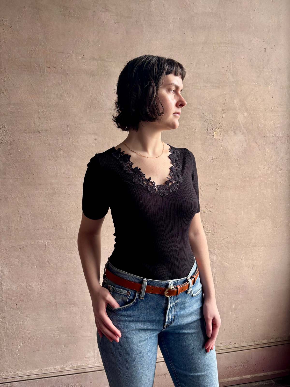 Ulla Johnson Celeste Short Sleeve Knit Top With Lace - Image 1 of 3
