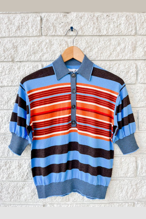 Apiece Apart Oda Polo Top - Blue Multi Stripe