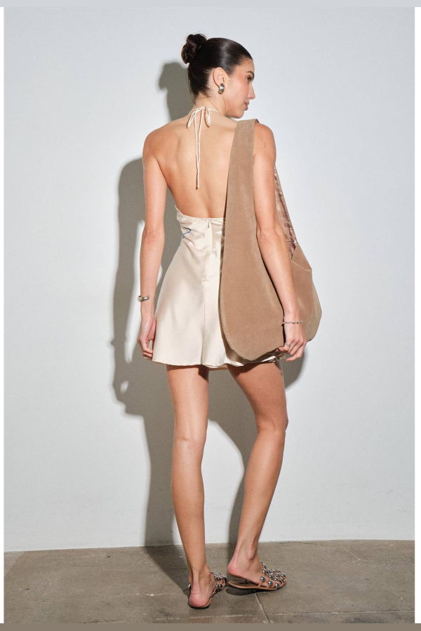 Loucia Menorca Satin Embroidered Halter Mini Dress