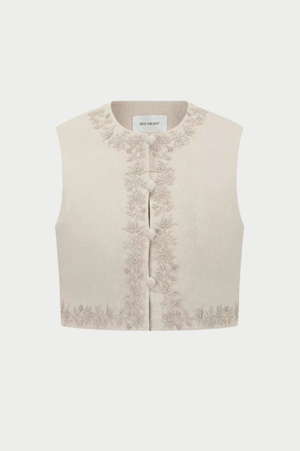 INTO THE EAST Linen Embroidered Vest - Beige