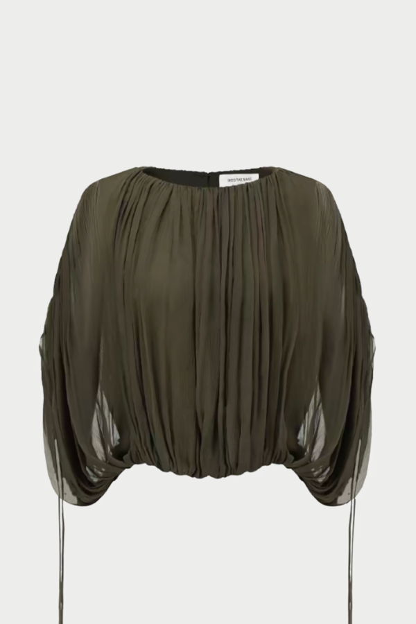 INTO THE EAST Shoulder Sleeve Drawstring Top - Olive Green