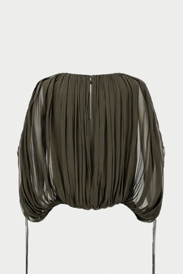 INTO THE EAST Shoulder Sleeve Drawstring Top - Olive Green