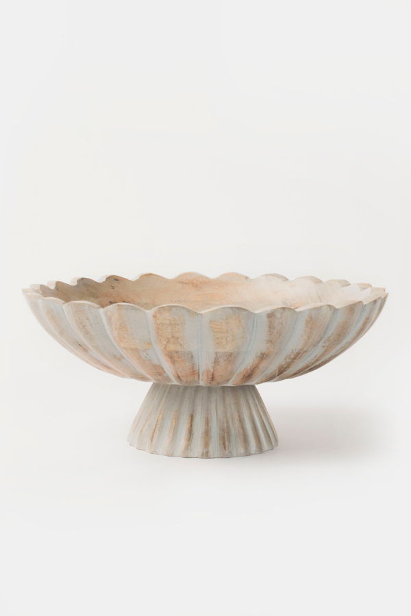 Mela Artisans Handcarved Scalloped Edge Fluted Pedestal Bowl - Rustic Grey