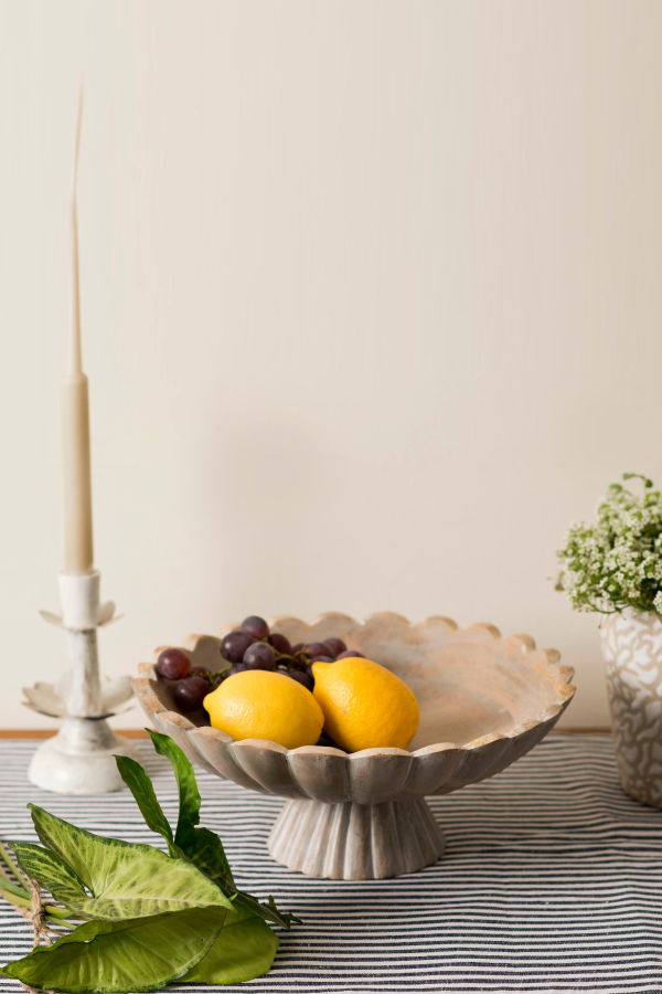 Mela Artisans Handcarved Scalloped Edge Fluted Pedestal Bowl - Rustic Grey