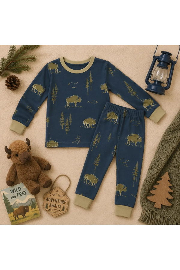 KIDS Mady & Max Bamboo Two Piece Pajamas - Free Range Bison