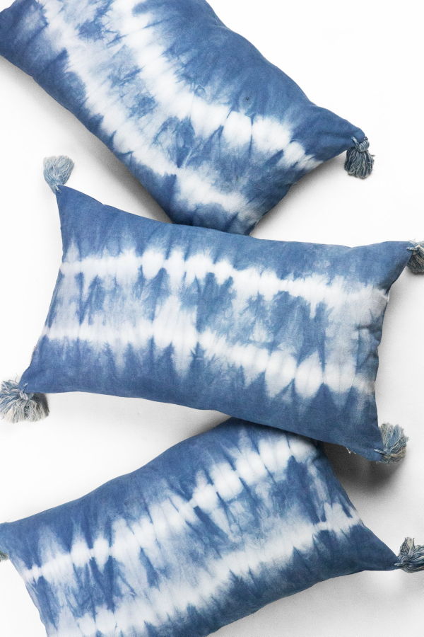 Archive New York Indigo Striped Shibori Tassel Lumbar Pillow 12" x 20"